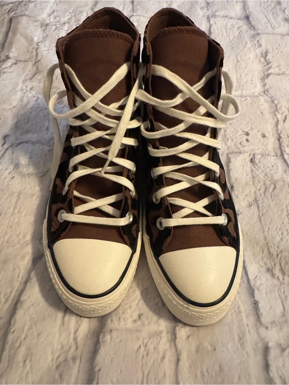 Converse High Top Platform Sneakers in Brown Leopard Print - Picture 2 of 6
